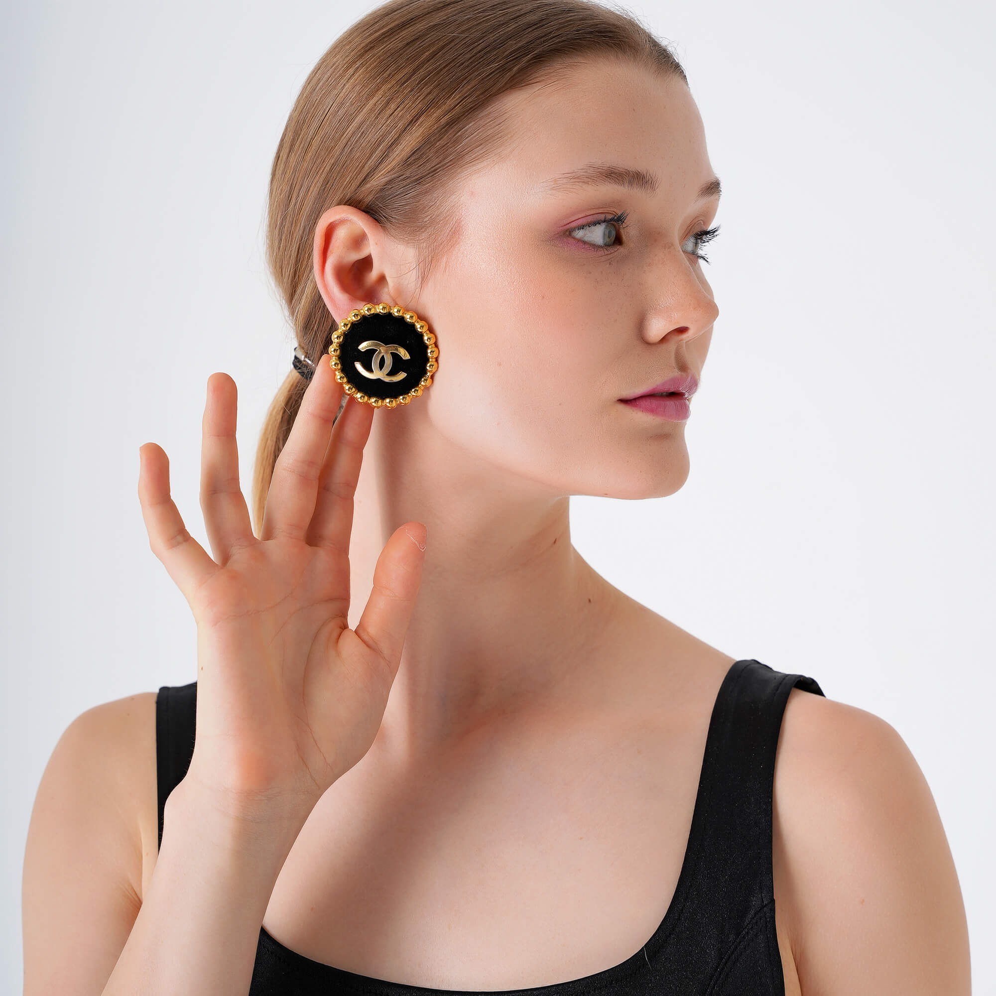 Chanel - Gold Tone & Black Velvet Vintage Earrings